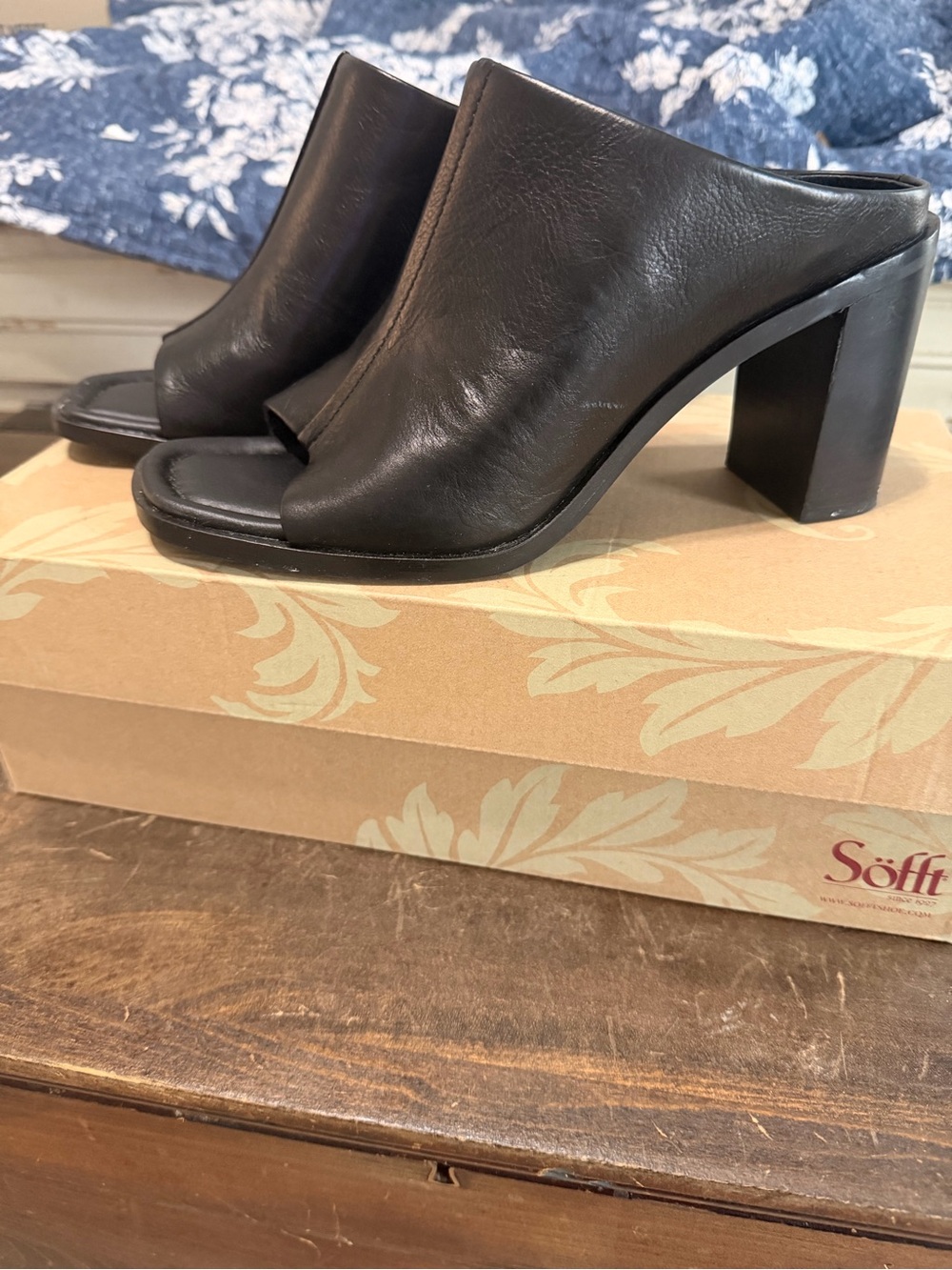 Sofft- Black Leather Open-Toe Mule Heels-9